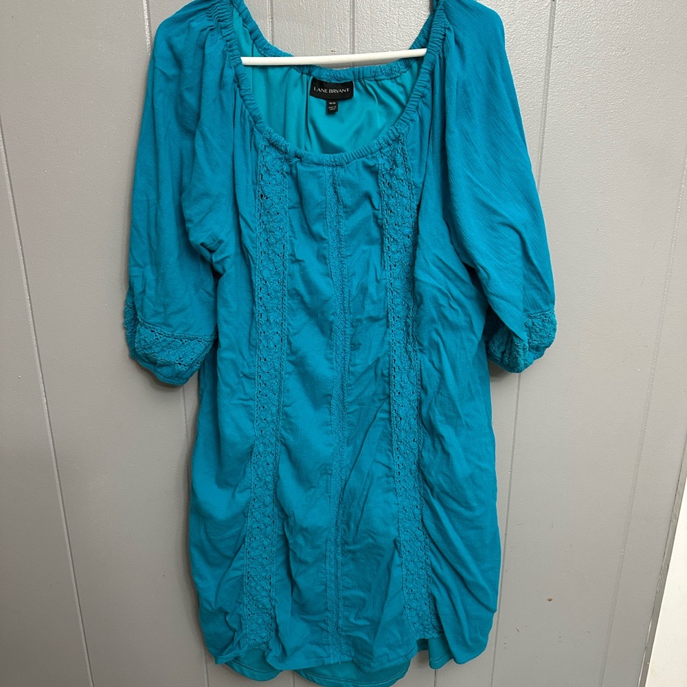 Lane Bryant Blue Midi Dress with Puff Sleeve Neckline and Ruched Sides